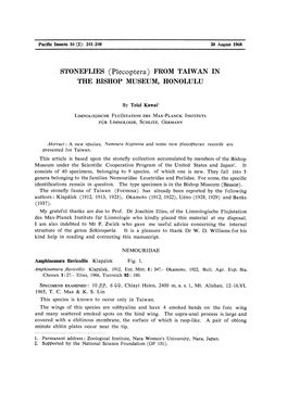 STONEFLIES (Plecoptera) from TAIWAN in the BISHOP MUSEUM, HONOLULU