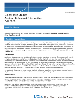 Global Jazz Studies Audition Dates and Information Fall 2020