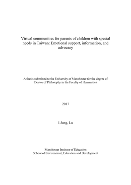 Virtual Communities for Parents of Children with Special Needs in Taiwan: Emotional Support, Information, and Advocacy