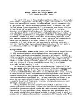 Preprint--Not for Circulation Murray Leinster and AA Logic Named Joe@ Eric G. Swedin and David L. Ferro the March 1946 Issue Of