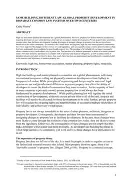 SAME BUILDING, DIFFERENT LAW: GLOBAL PROPERTY DEVELOPMENT in DISPARATE COMMON LAW SYSTEMS OVER TWO CENTURIES Cathy Sherry1 ABSTR