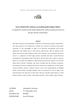 (3)/101: Software As (Un)Patentable Subject Matter a Comparative Analysis of the Legal Standards for Software Patent Protection in Europe and the United States