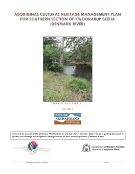 Aboriginal Cultural Heritage Management Plan for Southern Section of Kwoorabup Beelia (Denmark River)