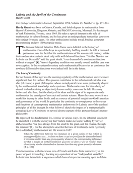 Leibniz and the Spell of the Continuous Hardy Grant the College Mathematics Journal, September 1994, Volume 25, Number 4, Pp