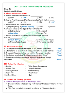 UNIT -2: the STORY of MADRAS PRESIDENCY Class: IV Subject: Social Science I