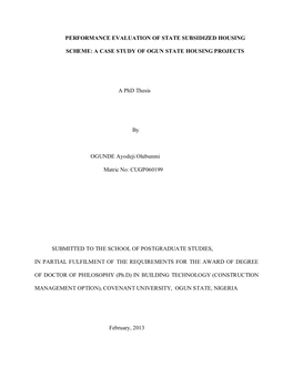 A CASE STUDY of OGUN STATE HOUSING PROJECTS a Phd