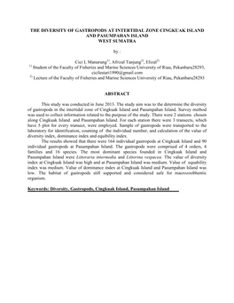 THE DIVERSITY of GASTROPODS at INTERTIDAL ZONE CINGKUAK ISLAND and PASUMPAHAN ISLAND WEST SUMATRA by : Cici L Manurung , Afrizal
