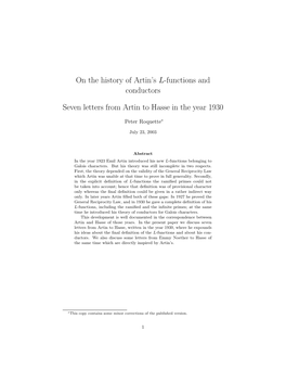 On the History of Artin's L-Functions and Conductors Seven Letters from Artin to Hasse in the Year 1930