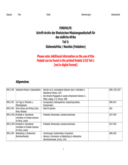 FINDHILFE: Schrift-Archiv Der Rheinischen Missionsgesellschaft Für Das Südliche Afrika Teil 3: Südwestafrika / Namibia (Feldakten)