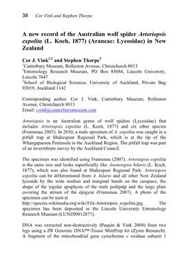 A New Record of the Australian Wolf Spider Artoriopsis Expolita (L. Koch, 1877) (Araneae: Lycosidae) in New Zealand