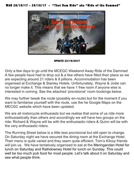 Only a Few Days to Go Until the MCEGC Weekend Away Ride of The