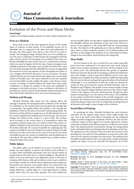 Evolution of the Press and Mass Media Preeti Singh* Freelance French-English Language Interpreter and Trainer, Mumbai, Maharashtra, India