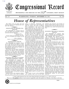 Congressional Record United States Th of America PROCEEDINGS and DEBATES of the 112 CONGRESS, FIRST SESSION