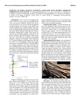 Evidence of Redox Sensitive Elements Associated with Possible Shoreline Sediments in Gale Crater