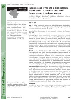 Parasites and Invasions: a Biogeographic ARTICLE Examination of Parasites and Hosts in Native and Introduced Ranges April M