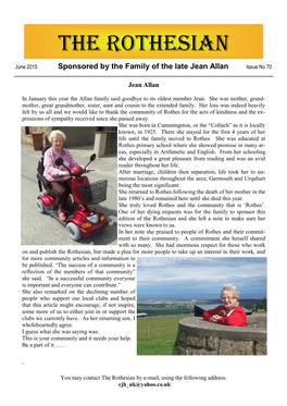 June 2015 Sponsored by the Family of the Late Jean Allan Issue No 70