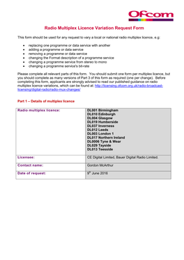 Radio Multiplex Licence Variation Request Form