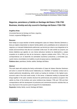 Negocios, Parentesco Y Cabildo En Santiago Del Estero 1726-1760 Business, Kinship and City Council in Santiago Del Estero 1726-1760