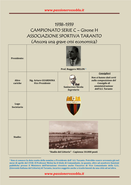 1938-1939 CAMPIONATO SERIE C – Girone H ASSOCIAZIONE SPORTIVA TARANTO (Ancora Una Grave Crisi Economica)