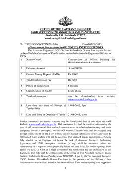 OFFICE of the ASSISTANT ENGINEER LSGD SECTION KIZHAKKOTH GRAMA PANCHAYATH Koduvally P O Kozhikode 673572 Email:Aelsgdkizhakkoth