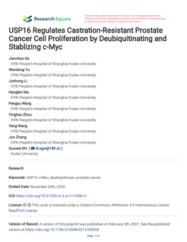 USP16 Regulates Castration-Resistant Prostate Cancer Cell Proliferation by Deubiquitinating and Stablizing C-Myc