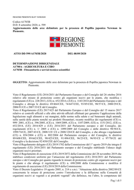 Codice A1703B D.D. 8 Settembre 2020, N. 599 Aggiornamento Delle Aree Delimitate Per La Presenza Di Popillia Japonica Newman in Piemonte