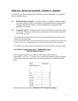 Math 114 – Review for Exam III – Chapter 9 – Statistics