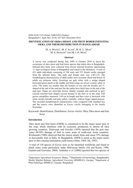 Identification of Okra Shoot and Fruit Borer Infesting Okra and Their Distribution in Bangladesh