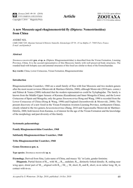 Zootaxa, a New Mesozoic-Aged Rhagionemestriid Fly (Diptera