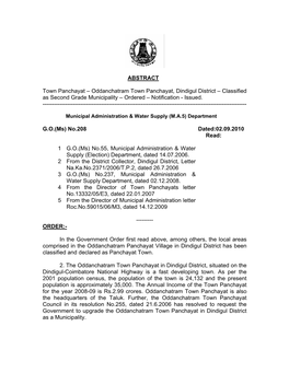 Oddanchatram Town Panchayat, Dindigul District – Classified As Second Grade Municipality – Ordered – Notification - Issued