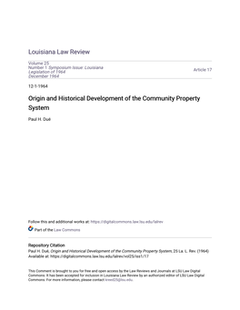 Origin and Historical Development of the Community Property System