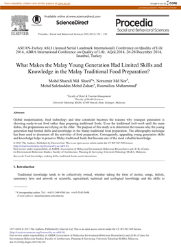 What Makes the Malay Young Generation Had Limited Skills and Knowledge in the Malay Traditional Food Preparation?