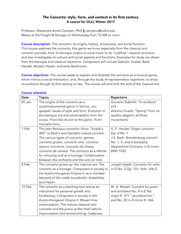 The Concerto: Style, Form, and Context in Its First Century a Course for OLLI, Winter 2017