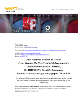 From Vienna: the New Year’S Celebration 2017, Conducted by Gustavo Dudamel, on THIRTEEN’S Great Performances Sunday, January 1 at 2:30 and 7:30 P.M