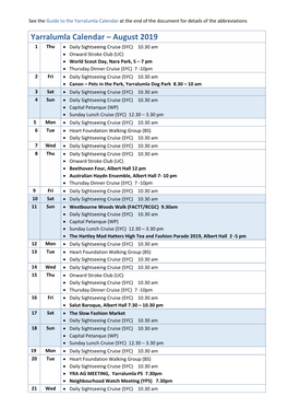 Yarralumla Calendar – August 2019