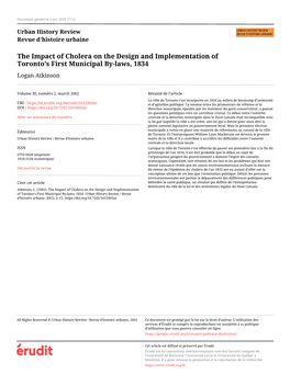 The Impact of Cholera on the Design and Implementation of Toronto's First Municipal By-Laws, 1834 Logan Atkinson