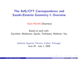 The Ads/CFT Correspondence and Sasaki-Einstein Geometry I: Overview