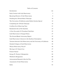 Table of Contents Introduction Viii Early Contact with Lick Observatory