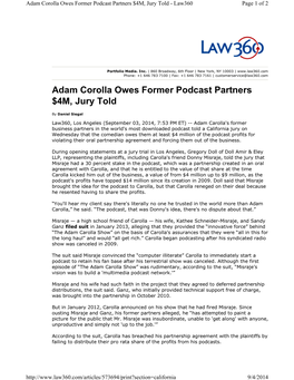 Adam Corolla Owes Former Podcast Partners $4M, Jury Told - Law360 Page 1 of 2