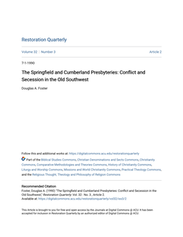 The Springfield and Cumberland Presbyteries: Conflict and Secession in the Old Southwest