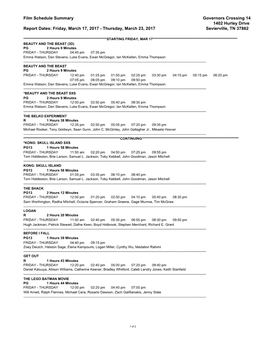 Film Schedule Summary Governors Crossing 14 1402 Hurley Drive Report Dates: Friday, March 17, 2017 - Thursday, March 23, 2017 Sevierville, TN 37862