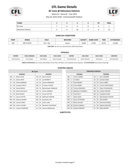 CFL Game Details BC Lions @ Edmonton Eskimos Week #-3 - Game #1 - Year 2019 May 26, 2019-16:00 - Commonwealth Stadium