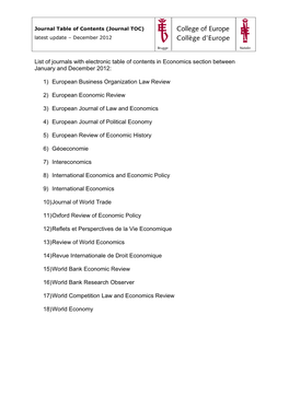 List of Journals with Electronic Table of Contents in Economics Section Between January and December 2012