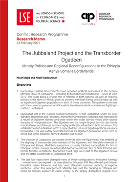 The Jubbaland Project and the Transborder Ogadeen Identity Politics and Regional Reconfigurations in the Ethiopia- Kenya-Somalia Borderlands