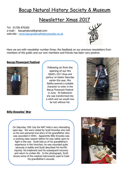 Bacup Natural History Society & Museum Newsletter Xmas 2017