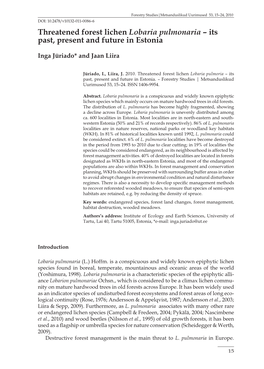 Threatened Forest Lichen Lobaria Pulmonaria – Its Past, Present and Future in Estonia