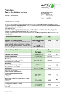Preisliste Recyclinghöfe/-Zentren