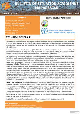 Bulletin De Situation Acridienne Madagascar. N°29. Juillet 2016