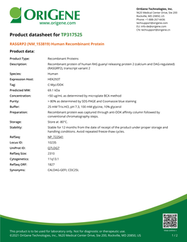 RASGRP2 (NM 153819) Human Recombinant Protein Product Data