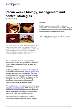 Pecan Weevil Biology, Management and Control Strategies 29 February 2012